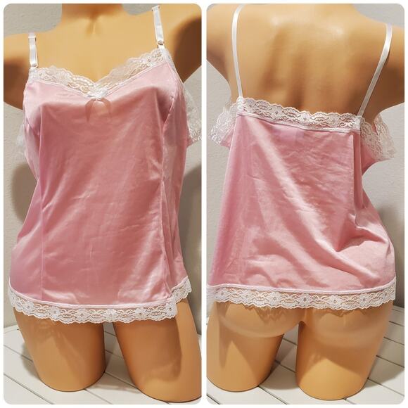 Blair Tops - Blair Vintage Silky Nylon Camisole Lace Trim Adjustable Straps Princess Pink M